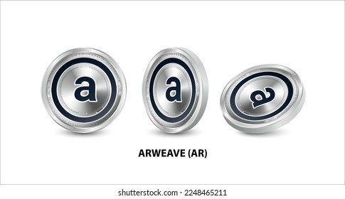 Set of silver Arweave (AR) coin. 3D isometric Physical coins. Digital currency. Cryptocurrency. Silver coin with bitcoin, ripple, ethereum symbol isolated on white background. Vector illustration. svg