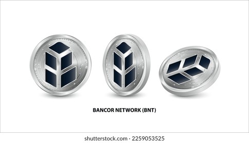 Set of silver Bancor (BNT) coin. 3D isometric Physical coins. Digital currency. Cryptocurrency. Silver coin with bitcoin, ripple, ethereum symbol isolated on white background. Vector illustration.