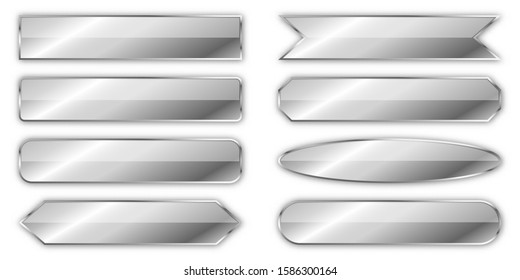 Set of silver banners isolated. Vector metal plates of different shapes. Glossy chrome frames