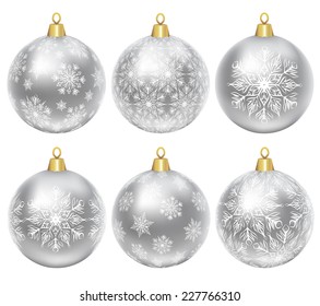 Set of silver baubles with ornament isolated on white