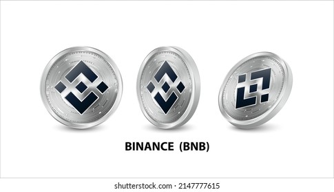 Set of silver Binance coin (BNB) 3D isometric Physical coins. Digital currency. Cryptocurrency. Silver coins with bitcoin, ripple and ethereum symbol isolated on white background. Vector illustration.
