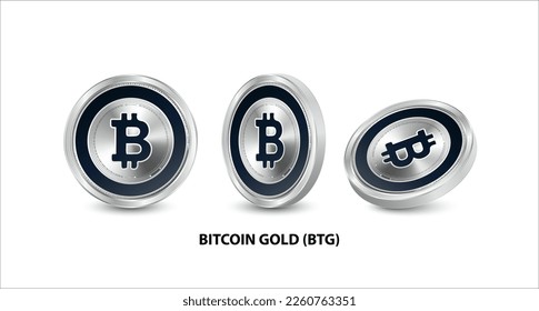 Set of silver Bitcoin Gold
(BTG) coin. 3D isometric Physical coins. Digital currency. Cryptocurrency. Silver coin with bitcoin, ripple, ethereum symbol isolated on white background Vector illustration