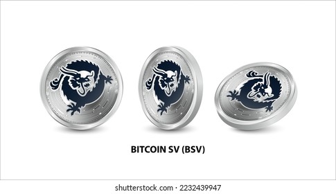 Juego de monedas de plata Bitcoin SV (BSV). Monedas físicas isométricas 3D. Moneda digital. Criptodivisa. Moneda de plata con bitcoin, rizo, símbolo etéreo aislado sobre fondo blanco. Ilustración vectorial.