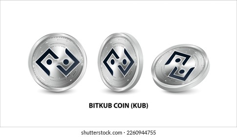 Set of silver Bitkub Coin (KUB) coin. 3D isometric Physical coins. Digital currency. Cryptocurrency. Silver coin with bitcoin, ripple, ethereum symbol isolated on white background. Vector illustration