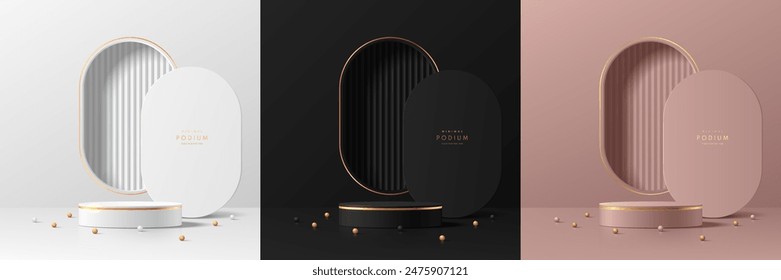 Set of silver, black, gold, pinkgold 3d cylindrical podium background with round window luxury wall scene. Abstract minimal mockup Product display presentation, Stage showcase. Platforms vector design