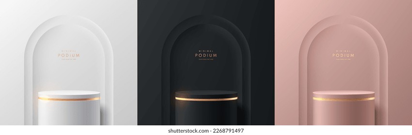 Set of silver, black, pink gold cylinder podium 3D background. Arch wall backdrop. Luxury minimal wall scene mockup product stage showcase, Banner promotion display. Abstract vector geometric forms.