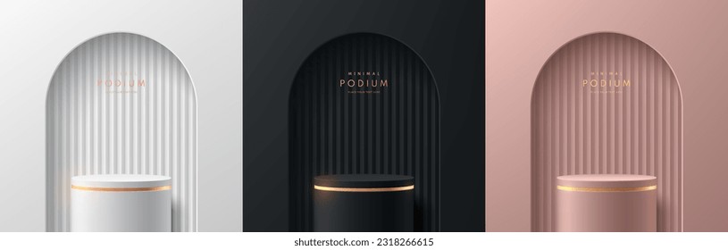 Set of silver, black, pink gold cylinder stand podium 3D background with arch gate. Luxury minimal wall scene mockup product stage showcase, Banner promotion display. Abstract vector geometric forms.