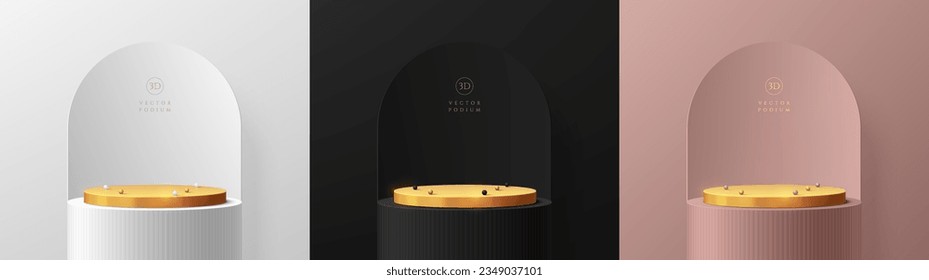 Set of silver, black and pink gold abstract 3D cylinder stand podium background with arch backdrop scene. Minimal mockup product display presentation, Stage showcase. Platforms vector geometric design