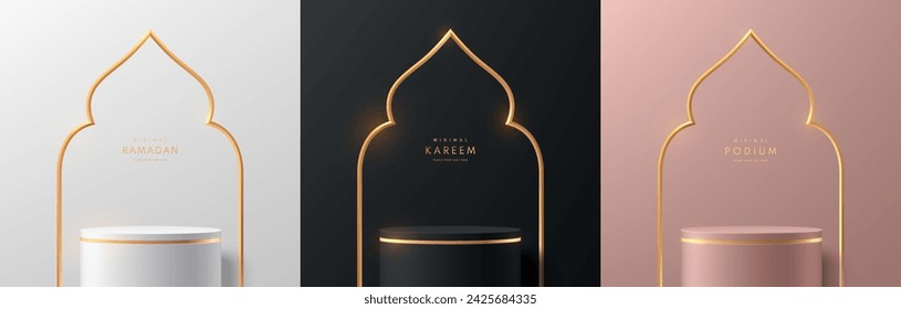 Set of silver, black, pink gold cylinder stand podium 3D ramadan kareem background. Abstract minimal scene mockup products stage showcase, Islamic Eid al Adha Mubarak festival banner promotion display