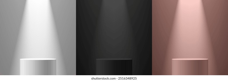 Set of silver, black and pink gold realistic 3D cylindrical podium background with glowing spotlight wall scene scene. Minimalist mockup pedestal, abstract product display presentation, Stage showcase