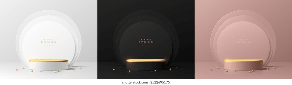 Conjunto de fondo de podio cilíndrico 3d de plata, oro negro y rosa con escena de fondo de círculos superpuestos. Presentación mínima Abstractas de la exhibición del Producto de la maqueta, escaparate del escenario. Diseño de Vector de plataformas.