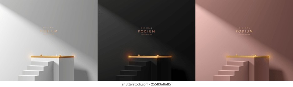 Set of silver, black, pink gold and golden 3d cube podium with stairs background. Studio room wall scene. Minimalist 3D mockup pedestal. Abstract stand product display presentation. Stage for showcase