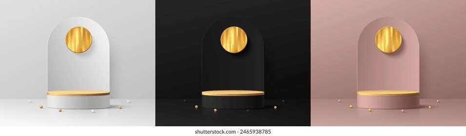 Set of silver, black, rose gold 3d cylindrical podium background with round circle on arch backdrop scene. Abstract minimal mockup Product display presentation, Stage showcase. Platforms vector design