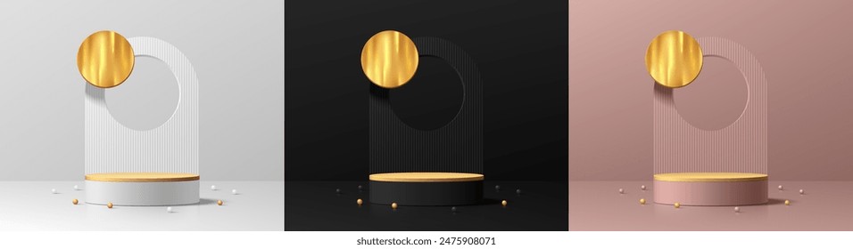 Set aus silbernem, schwarzem, roségoldenem 3D-zylindrischem Podiumhintergrund mit rundem Fenster auf Bogenhintergrundszene. Abstrakte minimale Mockup-Produkt-Präsentation, Bühnenvitrine. Plattformdesign der Vektorgrafik