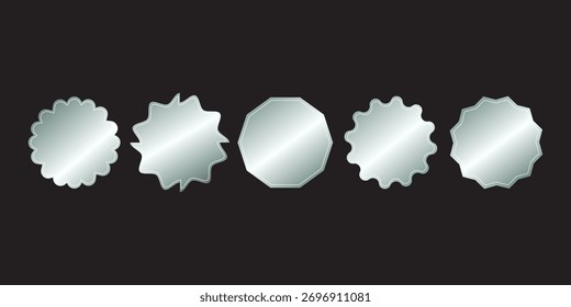 A set of silver blank round stickers. Star-shaped price tags. Metal badges with wavy edges. Label silhouettes. Vector.	