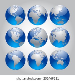 Set of silver and blue Earth in different views of the continents. Modern Globe icon set. Vector design elements