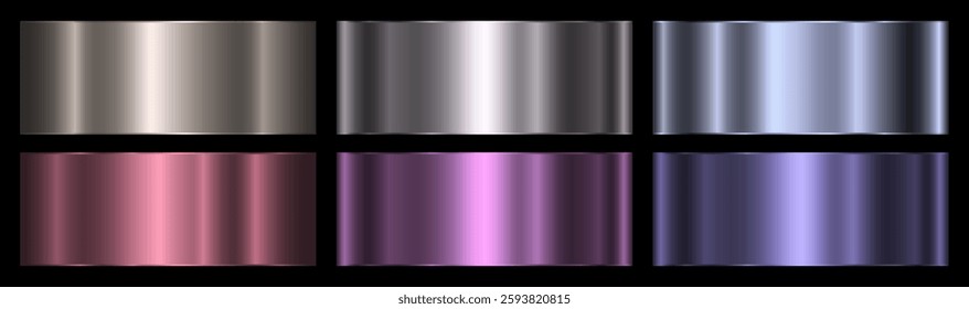 A set of silver, blue and purple color gradients with an outline on a black background. Metallic gradient effects for text and infographic design. A metal banner. Vector EPS 10.