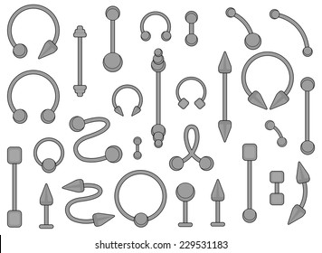 Set of silver body piercings jewelry. Curve, ball, dumbbell, spike, circle shapes. Illustration isolated on white