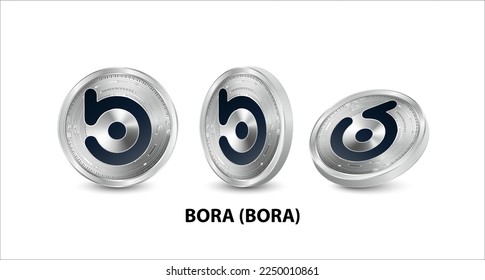 Moneda BORA (BORA) de plata. Monedas físicas isométricas 3D. Moneda digital. Criptodivisa. Moneda de plata con bitcoin, rizo, símbolo etéreo aislado sobre fondo blanco. Ilustración vectorial.