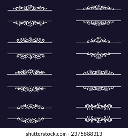 Set of silver border vintage flourish elements, elegant ornaments swirls, calligraphic scrolls decorations retro design. Vector frames and invitations, typescript, title, label, greeting cards.