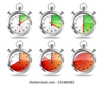 Set of silver bright stopwatch clock intervals, isolated on white background. Vector