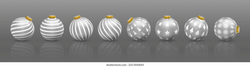 Set of silver Christmas ball decorations, ornaments with various patterns	