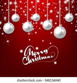 Set of silver Christmas balls on red background. Vector illustration.
