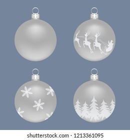 Set of silver Christmas balls. There is a ball with Santa Claus and deers, with Christmas trees and snowflakes in the picture. Vector illustration on a blue background.