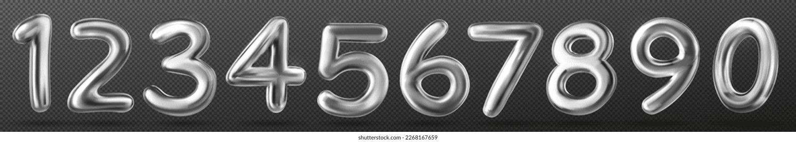 Set of silver chrome 0 to 9 numbers isolated on transparent background. Vector realistic illustration of glossy gray balloon figures png. Decorative font for anniversary, birthday, holiday card