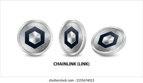 Juego de monedas de plata Chainlink (LINK) . Monedas físicas isométricas 3D. Moneda digital. Criptodivisa. Plata con bitcoin, rizo, símbolo etéreo aislado sobre fondo blanco. Ilustración vectorial.
