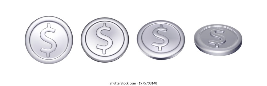 Set of  silver coin with dollar symbol. Rotation metallic money. Vector illustration
