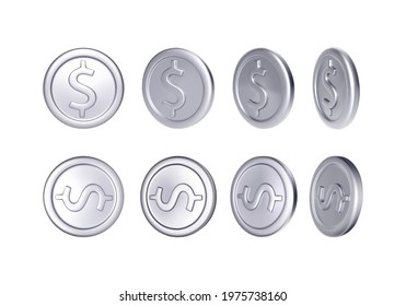 Set of  silver coin with dollar symbol. Rotation metallic money. Vector illustration