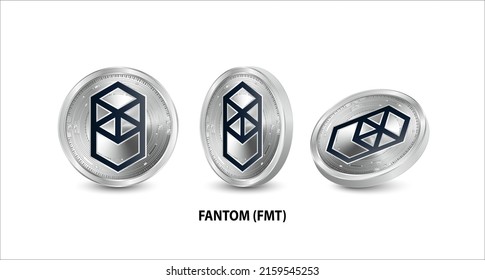 Set of silver coin Fantom (FTM) 3D isometric Physical coins. Digital currency. Cryptocurrency. Silver with bitcoin, ripple, ethereum symbol isolated on white background. Vector illustration.