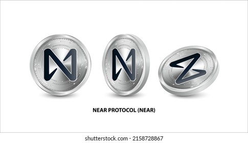 Set of silver coin NEAR Protocol (NEAR) 3D isometric Physical coins. Digital currency. Cryptocurrency. Silver with bitcoin, ripple, ethereum symbol isolated on white background. Vector illustration.