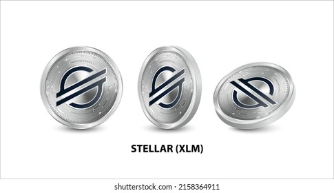 Set of silver coin Stellar (XLM) 3D isometric Physical coins. Digital currency. Cryptocurrency. Silver with bitcoin, ripple, ethereum symbol isolated on white background. Vector illustration.