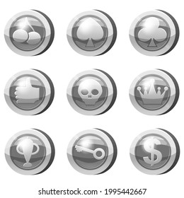 Juego de monedas de plata para aplicaciones de juegos. Iconos grises, trajes de cartas, corona, escoria, llave, goblet, símbolos de juego UI, juegos de azar. Ilustración del vector