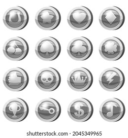 Set of Silver Coins for game apps. Silver icons star, heart, clubs hearts, tambourine, spades, clover leaf, scull,crown, bolt, cherry, key symbols game UI, gaming gambling. Vector illustration