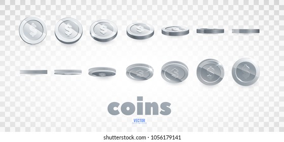 A set of silver coins. Realistic ten coins from different angles of view. Isolated on white. For your online casino design