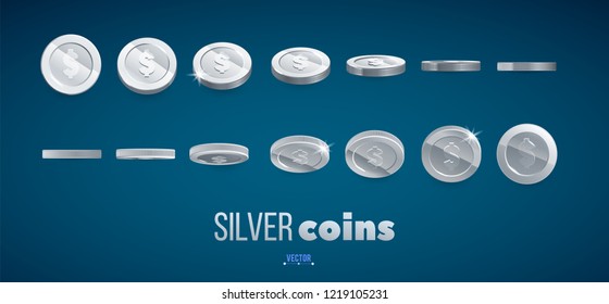 A set of silver coins. Realistic ten coins from different angles of view. For your online casino design