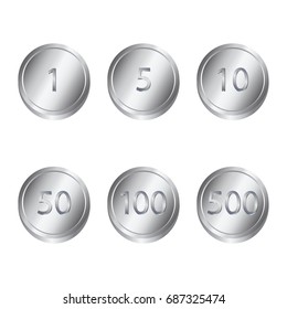 Set of silver coins. Coins worth 1, 5, 10, 50, 100, 500. Vector illustration.