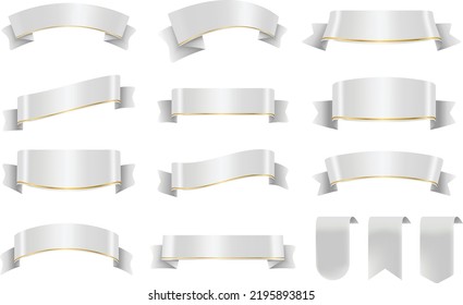 Set of Silver Color Ribbons and Tags isolated on white background. 3D Vector Illustration.