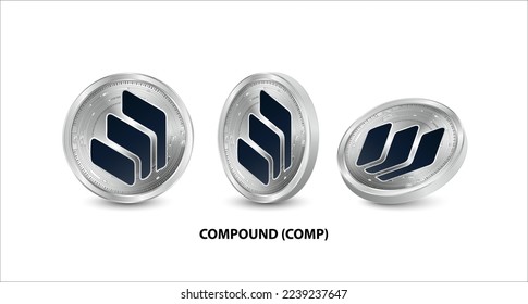 Set of silver Compound (COMP) coin. 3D isometric Physical coins. Digital currency. Cryptocurrency. Silver coin with bitcoin, ripple, ethereum symbol isolated on white background. Vector illustration.