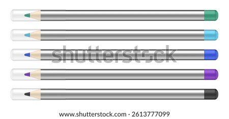 Set of silver cosmetic pencils. Thin and long eye liners. Purple, blue, green and black pencils with transparent caps.