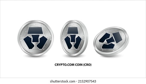 Set of silver Crypto.com Coin (CRO) coin. 3D isometric Physical coins. Digital currency. Cryptocurrency. Silver with bitcoin, ripple, ethereum symbol isolated on white background. Vector illustration.