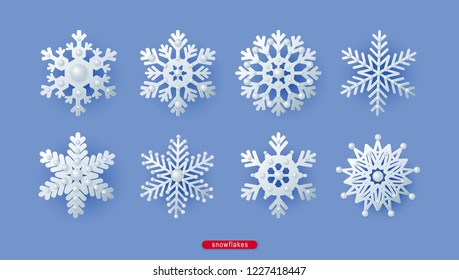 Set of silver decorative beaded snowflakes. New Year and Christmas decorations for the festive design, isolated objects, vector illustration