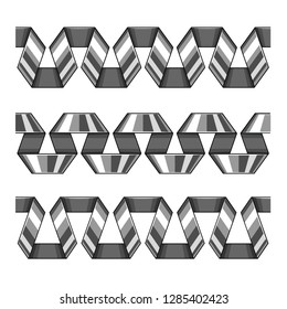 Set of silver decorative spiral ribbons, seamless borders. Elements for design. Isolated on white background. EPS10 vector illustration.