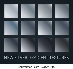 Set of silver diagonal gradients on darl background, 12 different colour style, metallic effect.