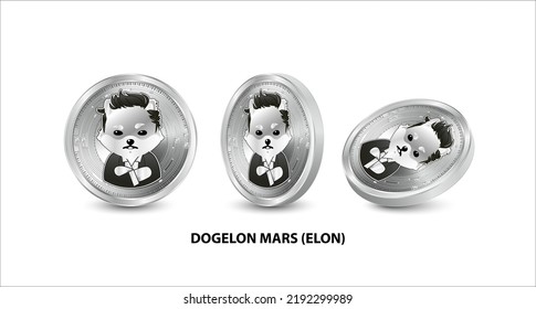 Set of silver Dogelon Mars (ELON) coin. 3D isometric Physical coins. Digital currency. Cryptocurrency. Silver coin with bitcoin, ripple, ethereum symbol  on white background. Vector illustration. svg