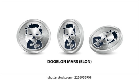 Set of silver Dogelon Mars (ELON) coin. 3D isometric Physical coins. Digital currency. Cryptocurrency. Silver with bitcoin, ripple, ethereum symbol isolated on white background. Vector illustration svg