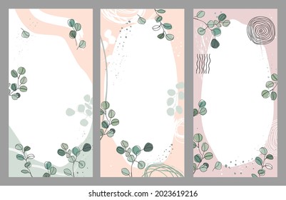 Set of Silver dollar eucalyptus branches vector templates. Design for social media stories, event invitations, cards, shop advertizing banners. Simple frame abstract background with space for text.